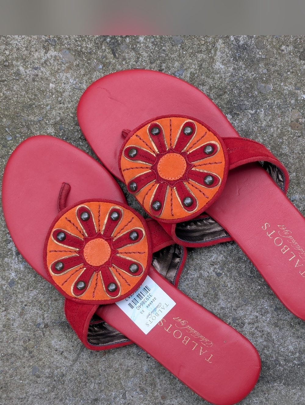 Talbots Red Orange Sandals Leather Made In Brazil Size 7.5 Medallion Thong Boho